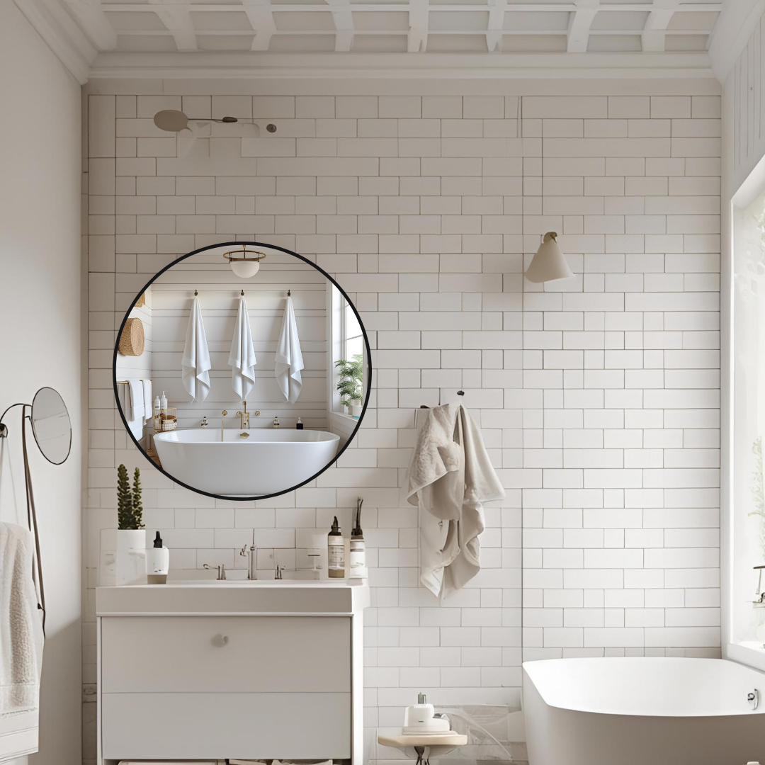 Espejo de 80cm Con Marco de Acero Negro Redondo