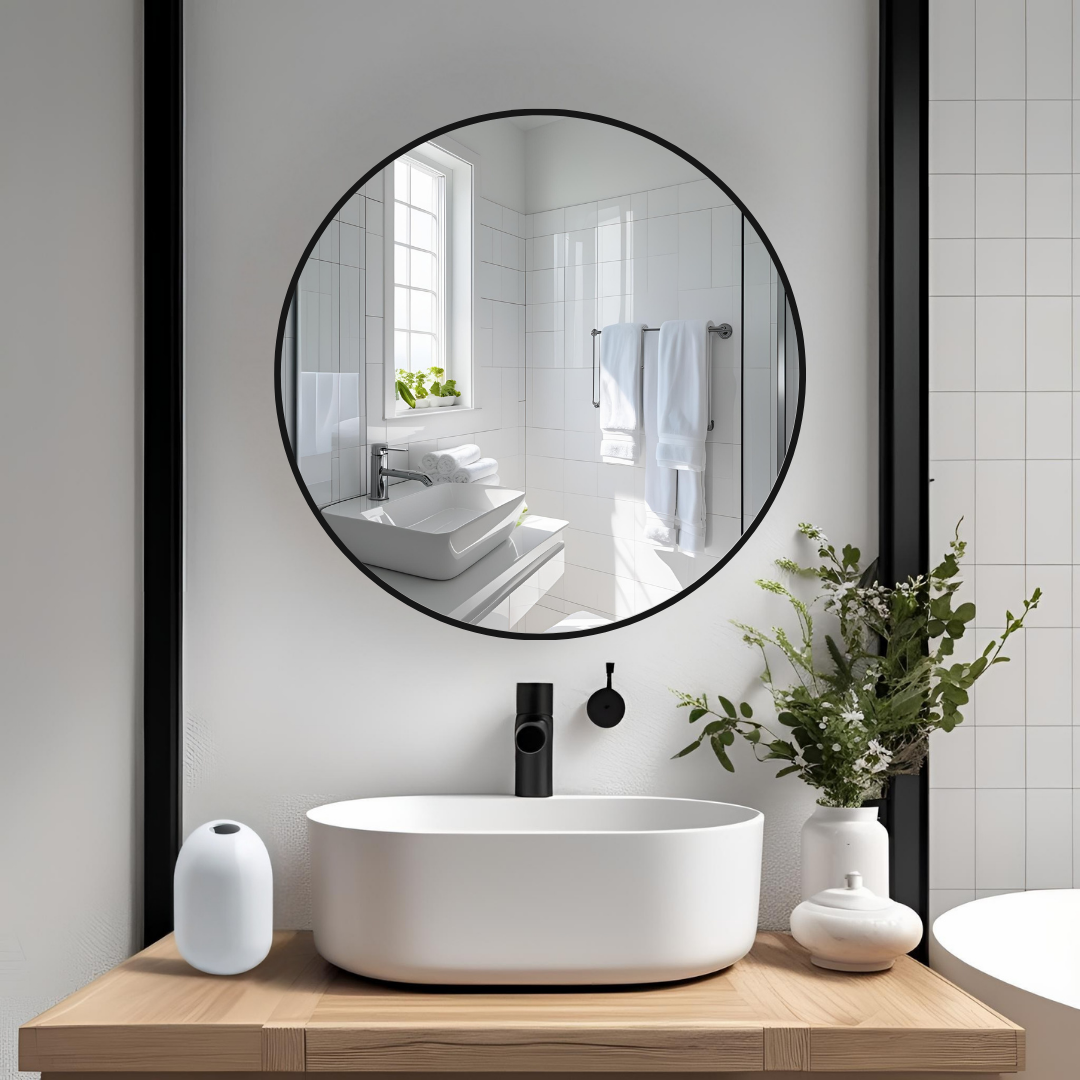 Espejo de 60cm Con Marco de Acero Negro Redondo