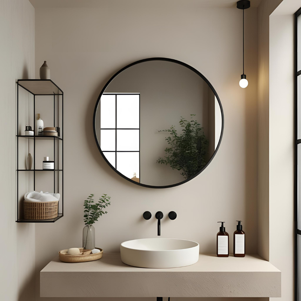 Espejo de 50cm Con Marco de Acero Negro Redondo