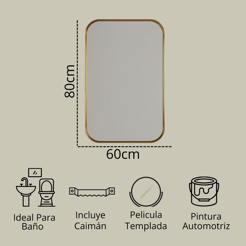Espejo Marco de Acero Dorado con Esquinas Redondas 60x80cm