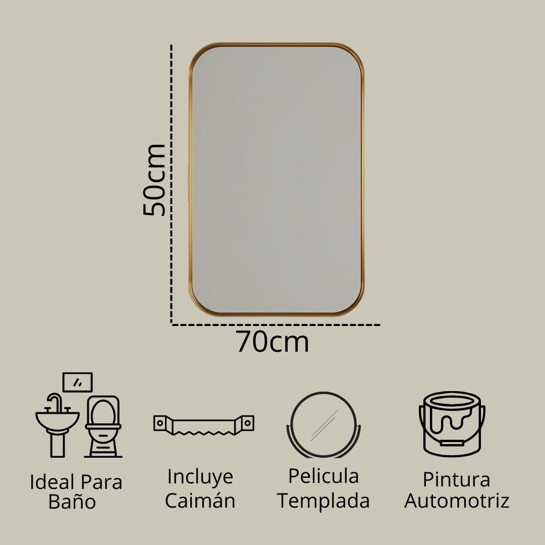 Espejo Marco de Acero Dorado con Esquinas Redondas 50x70cm