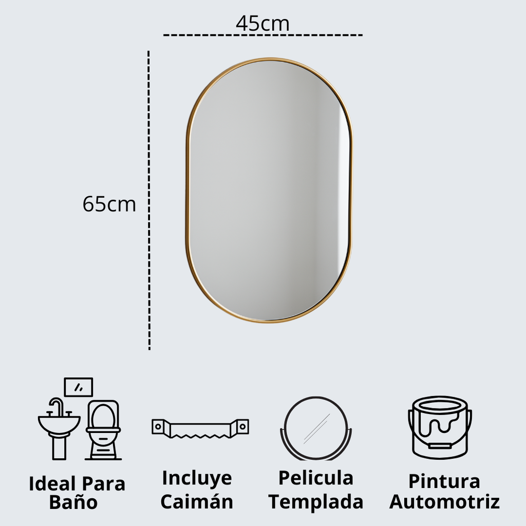 Espejo Ovalado con Marco de Acero Dorado 45x65cm