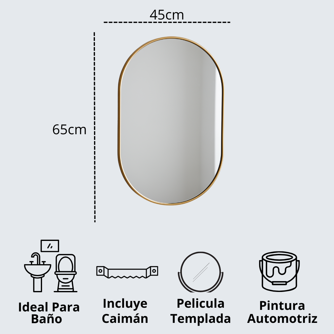 Espejo Ovalado con Marco de Acero Dorado 45x65cm