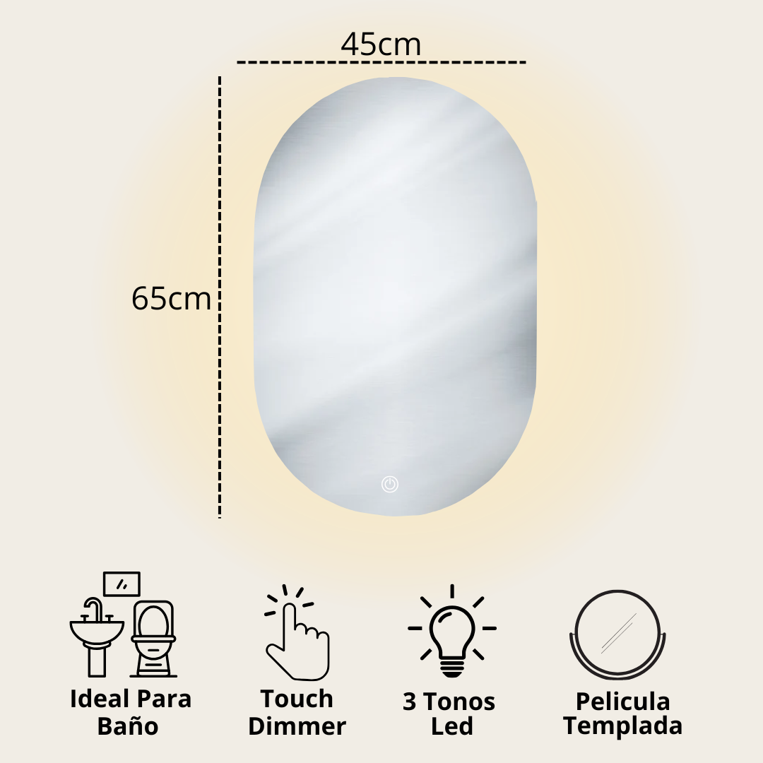 Espejo Ovalado LED 3 Tonos 45x65cm