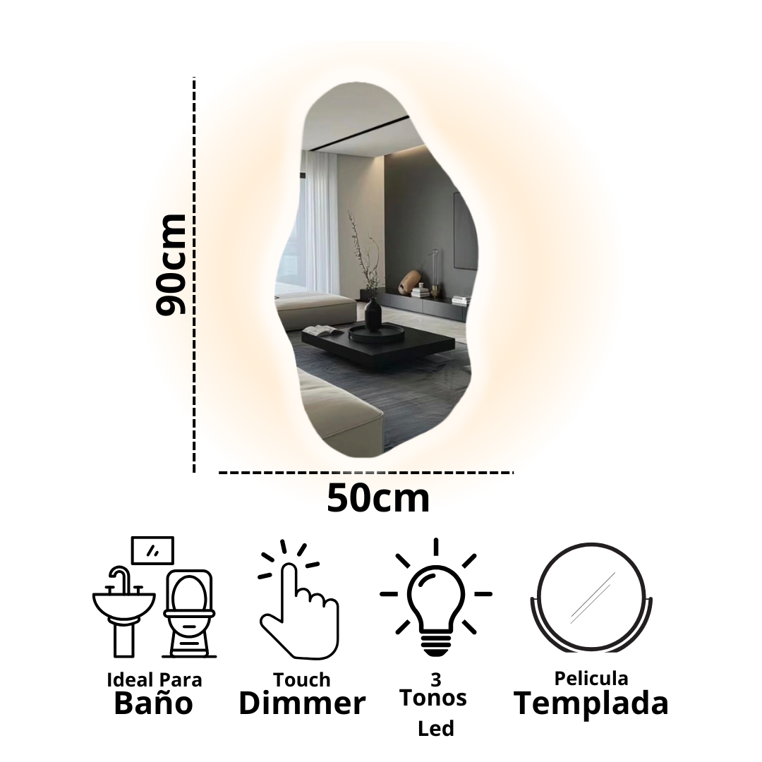 Espejo Asimetrico Sin Marco 50x90cm LED 3 Tonos