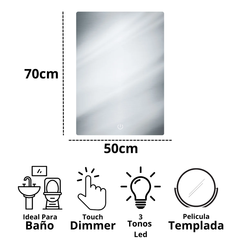 Espejo Rectangular 50x70 con Luz Led 3 Tonos