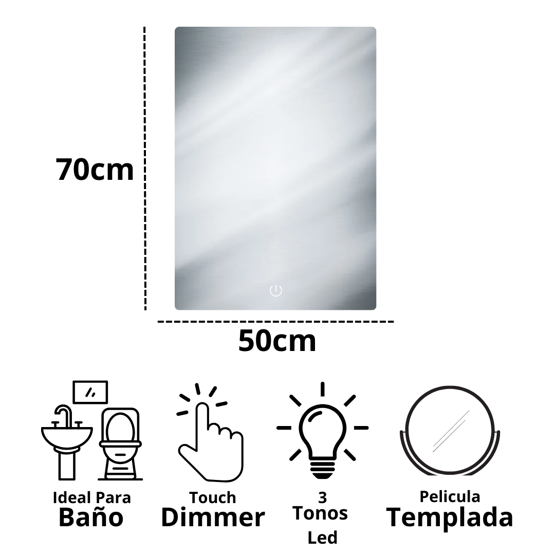 Espejo Rectangular 50x70 con Luz Led 3 Tonos