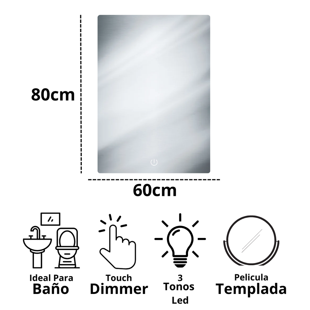 Espejo Rectangular 60x80 con Luz Led 3 Tonos