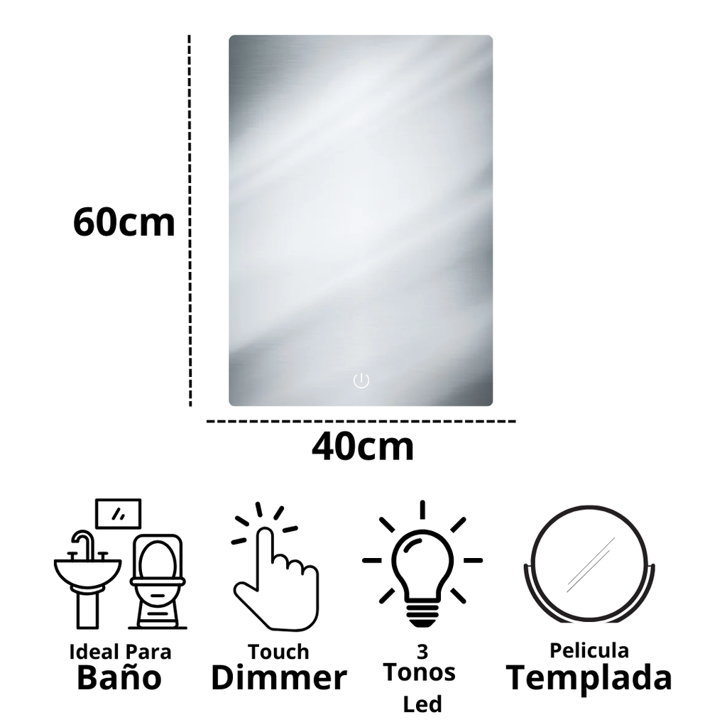 Espejo Rectangular 40x60 con Luz Led 3 Tonos