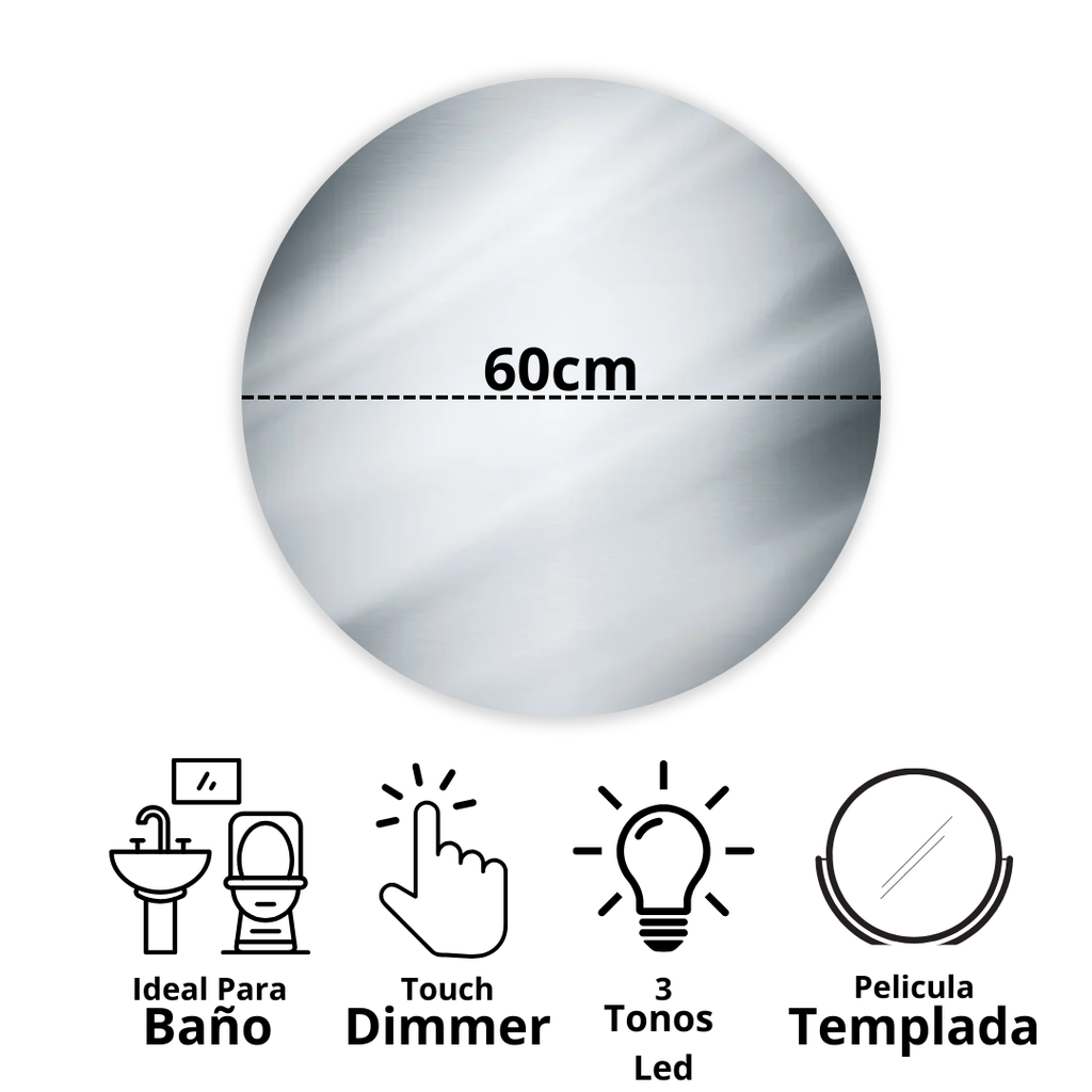 Espejo de 60cm Redondo con Luz Led 3 Tonos