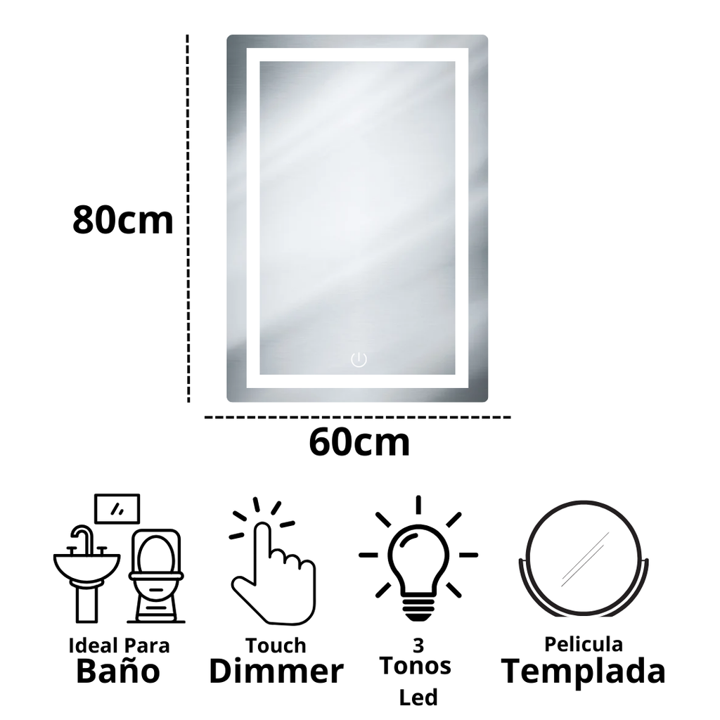 Espejo Rectangular 60x80 Esmerilado con Luz Led 3 Tonos