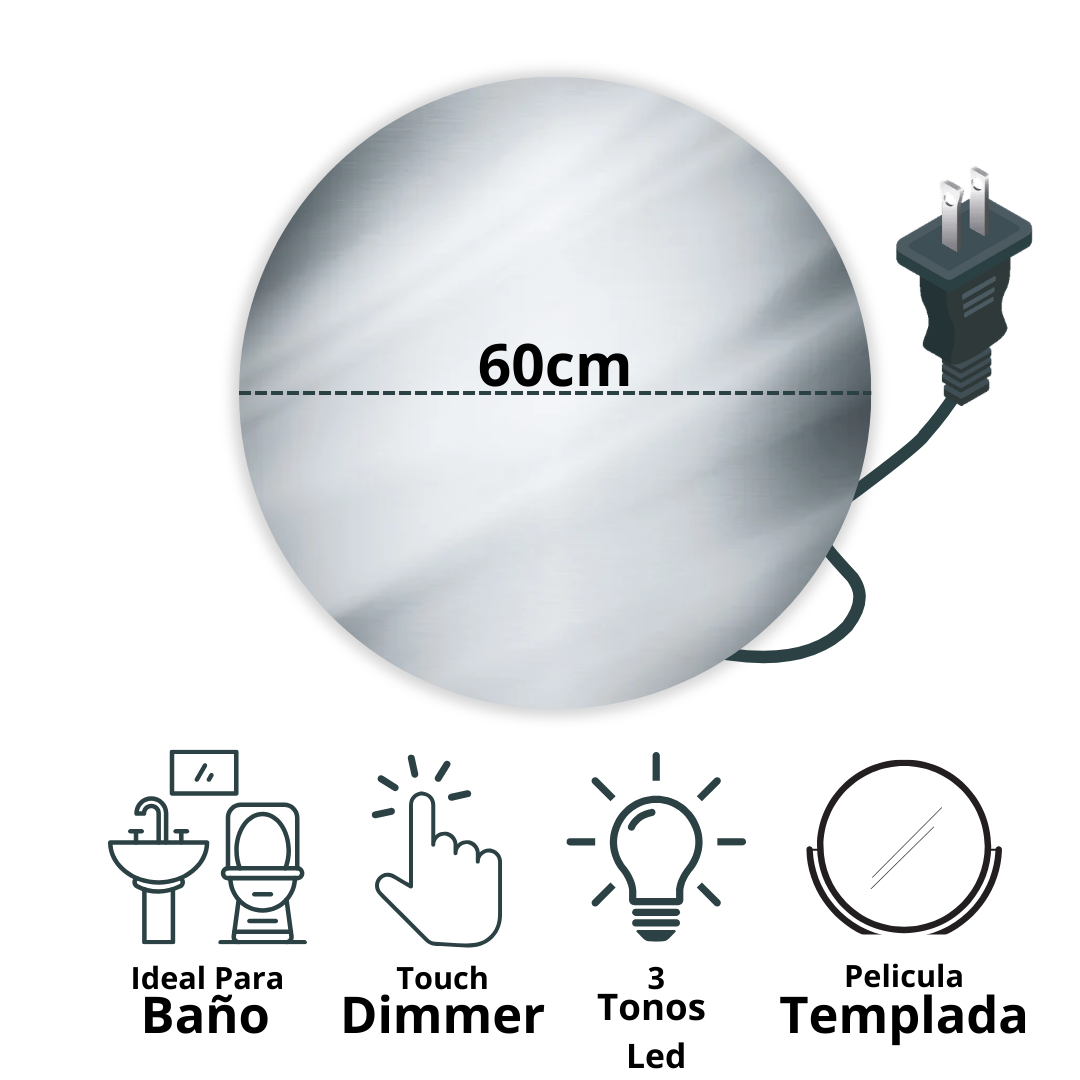 Espejo de 60cm Esmerilado con Luz Led 3 Tonos